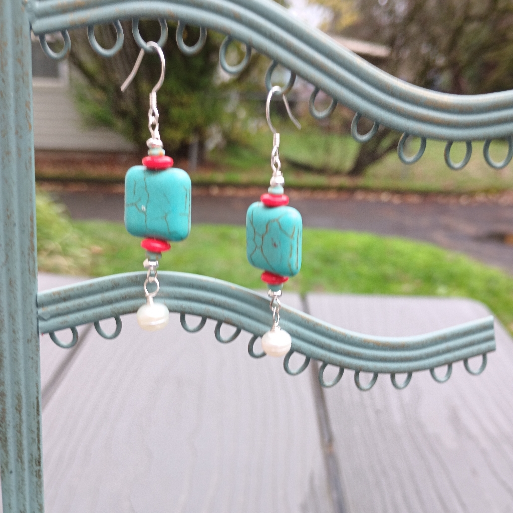Turquoise And Red Dangle Earrings
